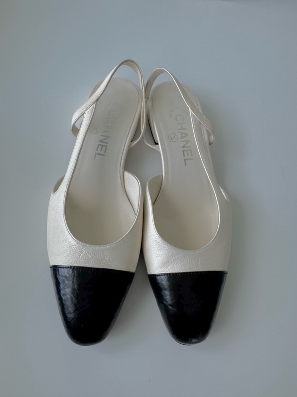 CHANEL Beige and Black Goatskin Slingback Flats - Picture 12 of 12
